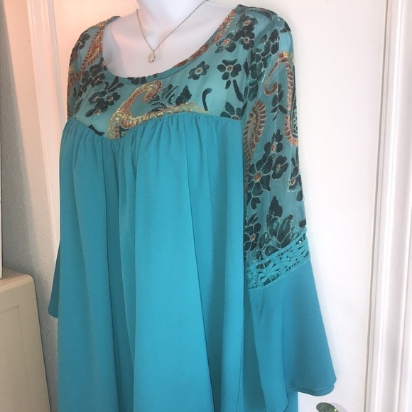 Umgee Boho Turquoise Velvet Floral Print Dress Size S - Picture 6 of 15